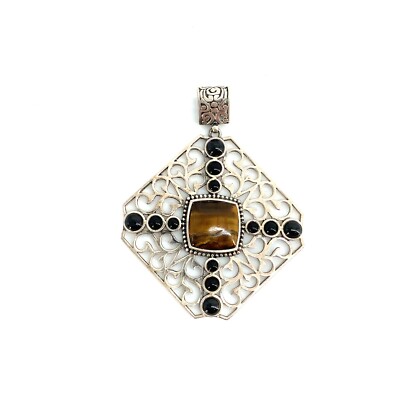 Vintage Sterling Silver Sign 925 ADI Thai Tigers Eye Black Onyx Filigree Pendant