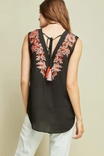 ENTRO V-neck Embroidered Sleeveless Tassel Detail Black Top Tunic Blouse