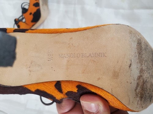 MANOLO BLAHNIK PUMPS Exotic PONY Skins ORANGE BROWN GIRAFFE SHOES w Laces 38.5 - Picture 7 of 10