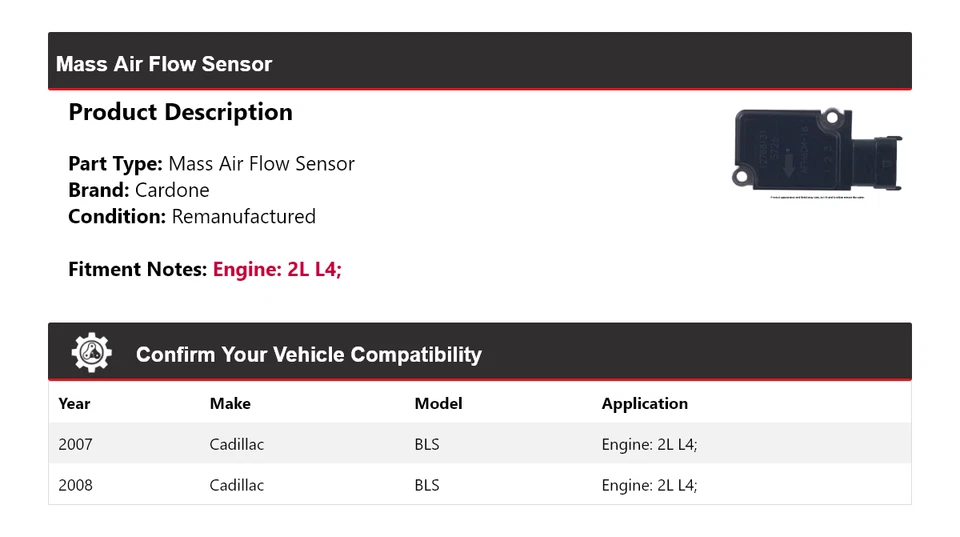 Sensor de fluxo de ar em massa Cardone Cadillac BLS 2L L4 2007-2008 - Imagem 2 de 4