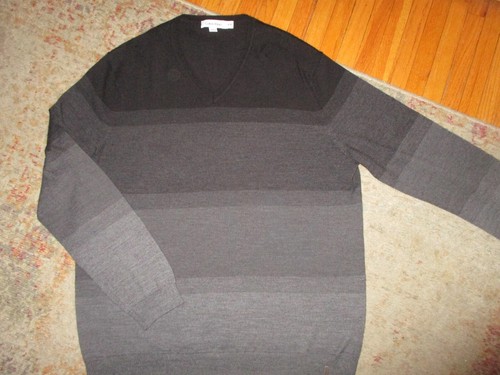 CALVIN KLEIN V-NECK SWEATER Black Gray Gradient Stripe Soft Wool Acrylic Men M/L - Picture 1 of 5