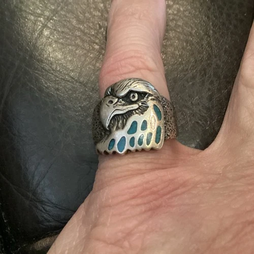 Vintage Navajo Sterling Silver Crushed Turquoise Inlay Eagle Head  Ring - Sz. 9