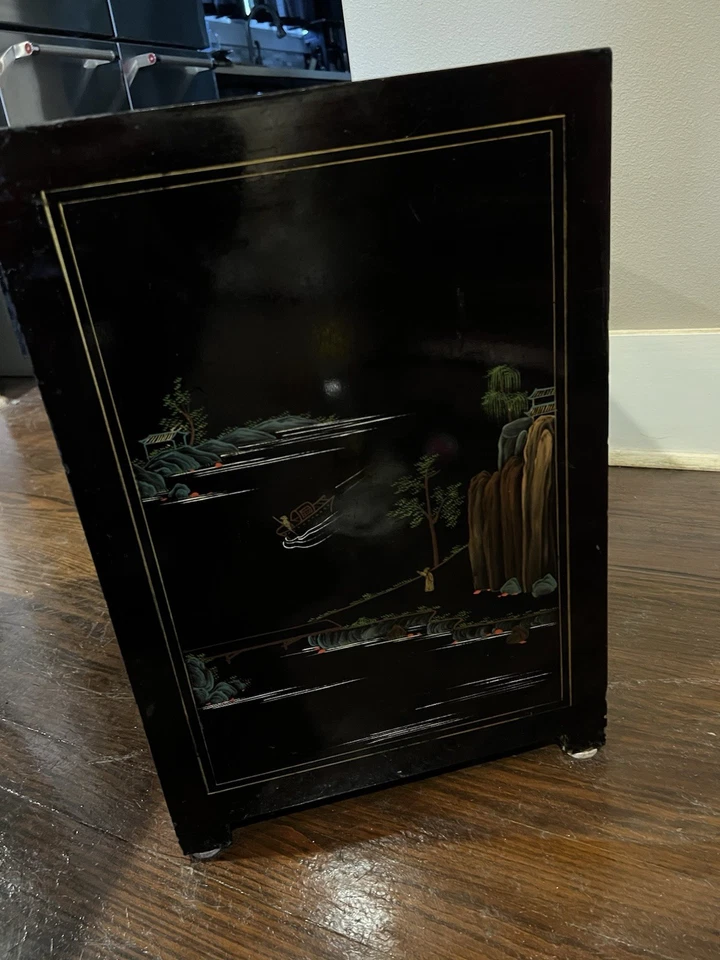 Antique Chinese Hand Painted Black Lacquer Cabinet, 27 1/2 W X 13 D. X 19 H - Image 4 of 4