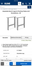 Uline Industrial Work Station Table Adjustable Steel Legs set of 2 per Box 
