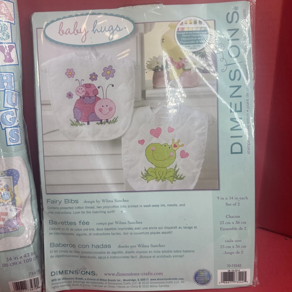 2 Dimensions Baby Hugs Fairy Quilt & Bibs Stamped Cross Stitch 43"x 34" New - Image 3 of 4
