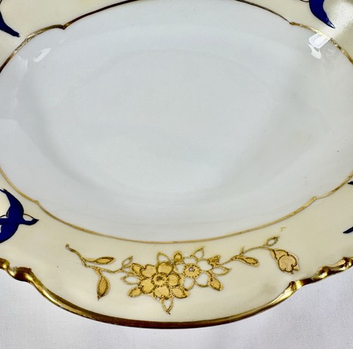 Antique Noritaki Porcelain Dish Japan Hand Painted Gold Leaf Blue Swallows 8.25” - Picture 3 of 7