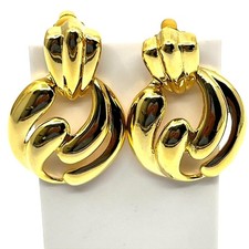 Vintage Retro 80s Gold Tone Ribbed Fan Swirl Chunky Dangle Clip On Earrings