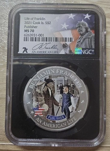 Cook Islands- 2021- $2 Benjamin Franklin Publisher - NGC MS 70 .5 oz Silver Coin