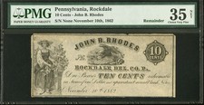 1862 PENNSYLVANIA Rockdale John B Rhodes 10c Civil War Obsolete Currency, PMG 35