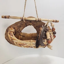 Basket, Native American Handmade Palm Front Leaf Rope And Feather Wall Basket