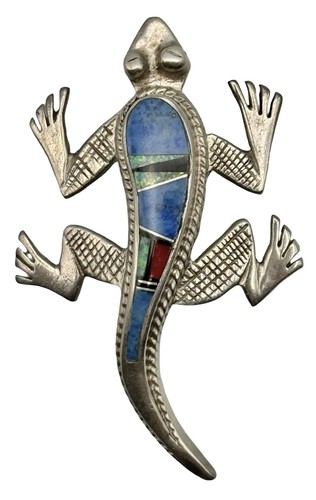 Navajo Opal & Multi-Stone Inlay Sterling Silver Lizard Brooch Pin