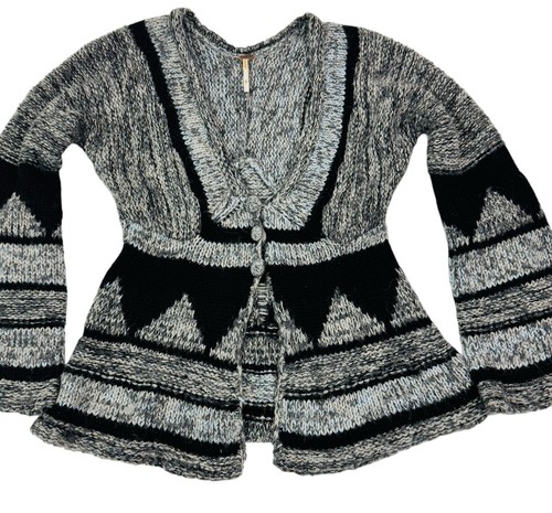 Free People Peplum A-Line Cardigan Womens Size XS Black Gray Wool Alpaca Boho - Picture 4 of 13