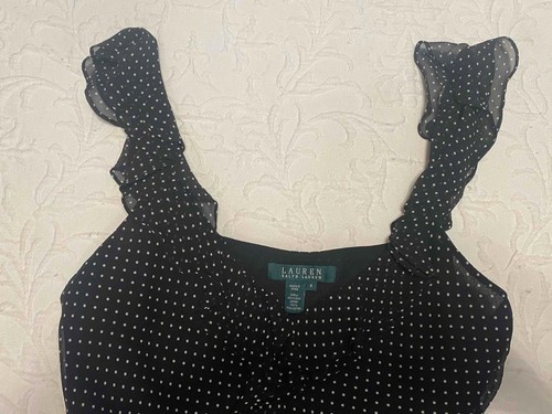 Ralph Lauren Sz 8 Sleeveless Black w/ White Dots Silk Tank Feminine Ruffle Edge - Picture 11 of 13