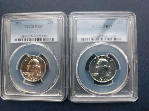 2 - WASHINGTON SILVER QUARTERS, 1962 & 1964. PROOF 67. GEMS
