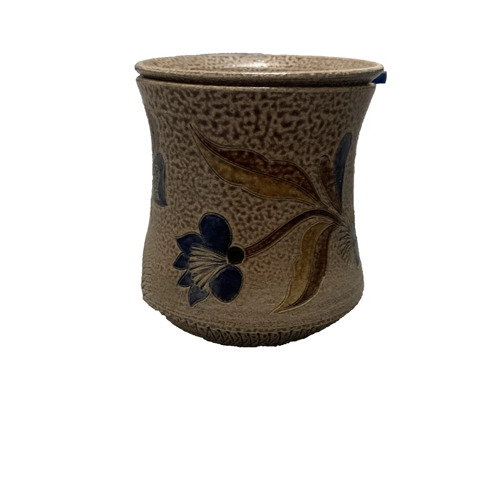 Calentador quemador de aceite de cerámica artesanal de cerámica marrón azul floral firmado mexicano Foto 4 de 4