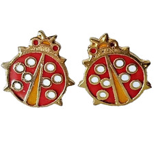 Ladybird Earrings Gold Plated Red Enamel Butterfly Push Back Vintage Ladybug