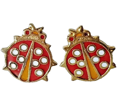 Ladybird Earrings Gold Plated Red Enamel Butterfly Push Back Vintage Ladybug