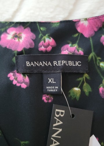 Banana Republic Top Damen XL schwarz pink dunkel Blumen Langarm Faux Wickel Neu mit Etikett - Bild 5 von 8
