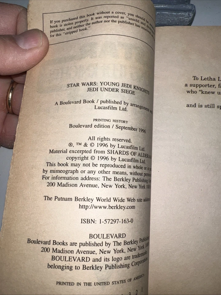 Star Wars: Young Jedi Knights - Jedi Under Siege (Legends, Boulevard Books,1996) Foto 4 de 4