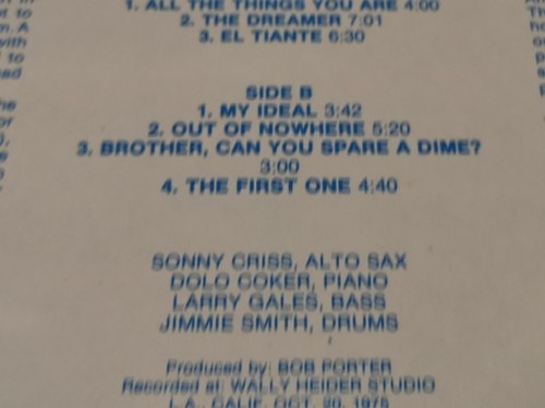 LP vinyle 33 tours - SONNY CRISS Out Of Nowhere jazz blues WEA 900 326 #092 - Picture 7 of 10