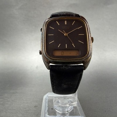 Seiko Analog Digital Watch Men 29mm Black Dial Gold Tone Rectangle
