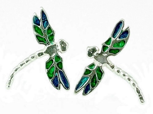 STERLING SILVER ENAMELLED DRAGONFLY STUD EARRINGS - Picture 1 of 2