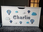 Hot air balloon, clouds and name shaped embellishments, toy box decorations,