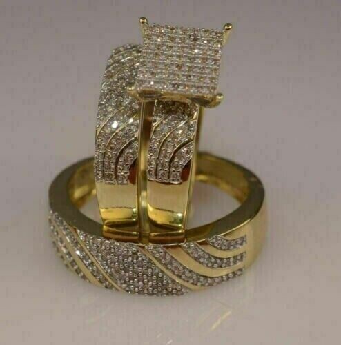 2.80Ct Round Moissanite His & Her Wedding Trio Ring Set 14K Yellow Gold Plated - Picture 3 of 6