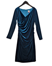 NWT Vince Camuto Blue Green Ruched Longsleeve V Neck A-Line Velvet Dress sz 12