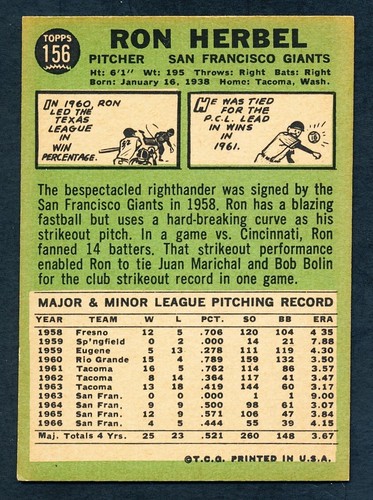 1967 TOPPS Baseball #156 RON HERBEL NRMT+ - Picture 2 of 2