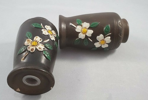 Jarrón vintage de cerámica marrón flor blanca salero y pimentero - Imagen 4 de 7
