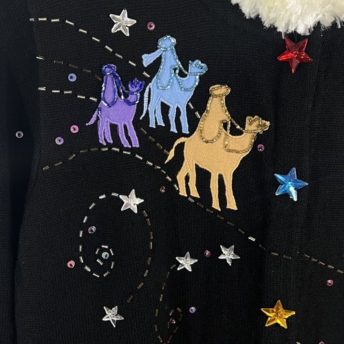 VINTAGE BEREK Christmas 3 Wise Men Beaded Sweater Medium Nativity - Picture 3 of 10