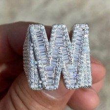 1.80Ct Baguette Moissanite Men's INITIAL LETTER "W" Ring 14K White Gold Plated