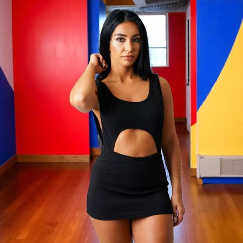 Damen schwarz vorne ausgeschnitten Micro Minikleid sexy figurbetont ärmellos Clubwear - Bild 3 von 10