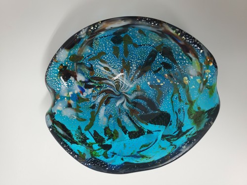 VINTAGE ART GLASS BOWL MID-CENTURY MODERN BLUE GOLD SPECKLES COLLECTIBLE ART - Picture 12 of 12