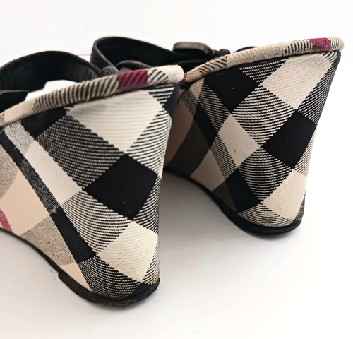 Burberry Nova Check Thong Wedge Sandal Blk Leather Buckle Strap EU 39 US 8-8.5 - Picture 9 of 15
