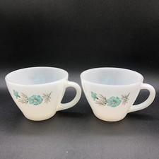Vtg Fire King Bonnie Blue Flower Carnation Milk Glass Coffee Cups Set of 2