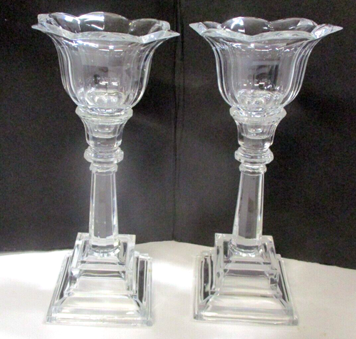 Pair of Vintage Clear Glass Crystal Square Base Flower Top Candle Holders - Picture 1 of 8