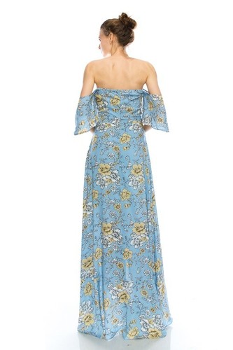 Sky Blue Floral Print Romantic Off Shoulder Maxi Dress S M or L - Picture 2 of 2