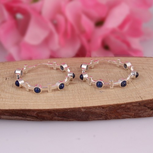 Natural Lapis Lazuli Cross Hoop Earring 925 Sterling Silver Womens Earrings - Picture 3 of 5
