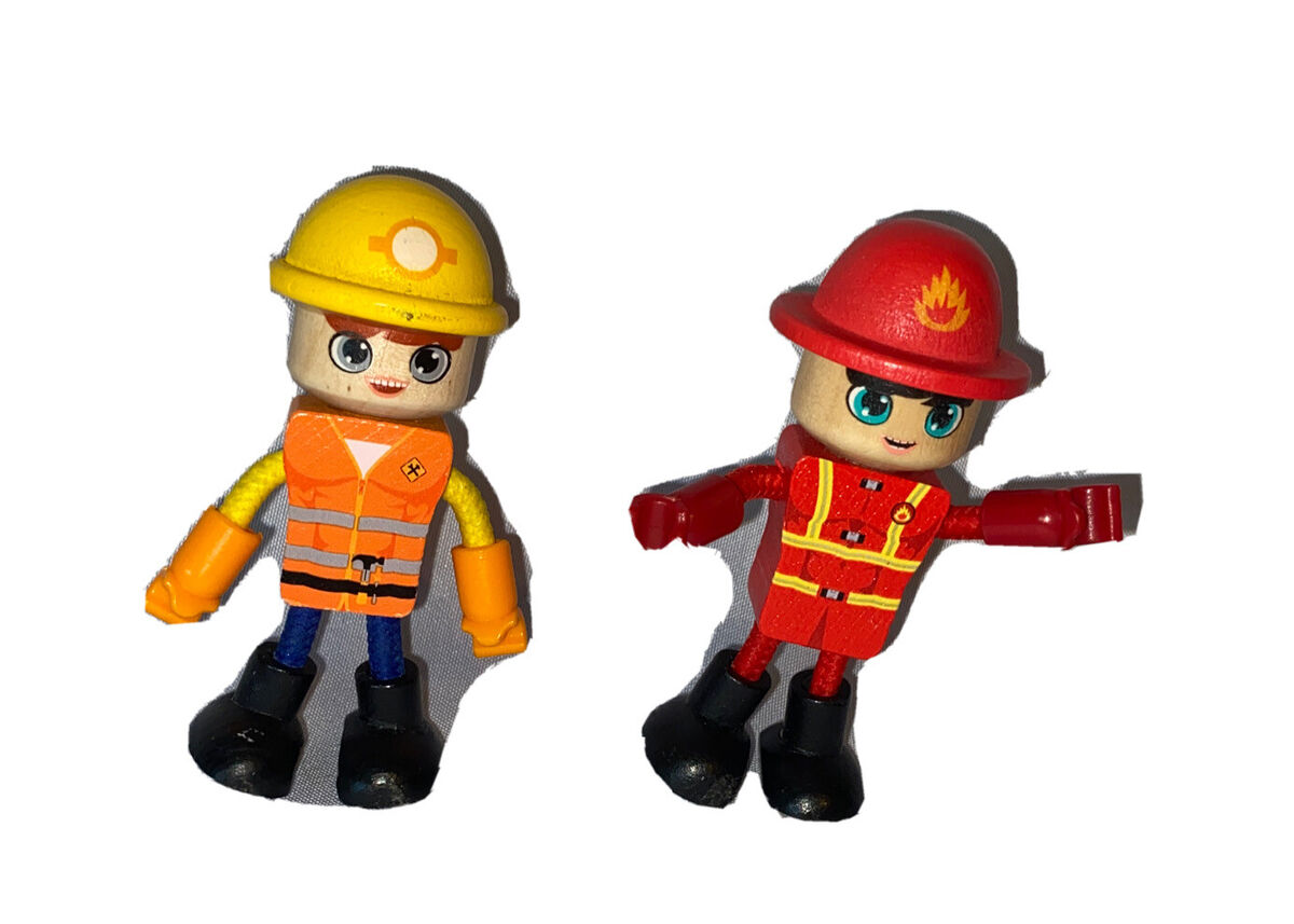 J ADORE Wooden Fireman Construction Figures Moves ZAC DOB Feb 18 RICK DOB Jan 11