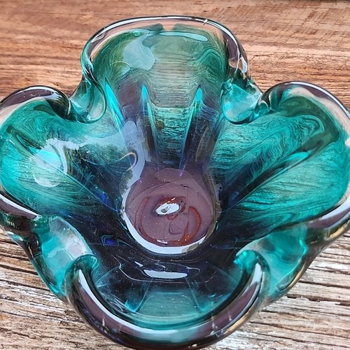 Vintage türkis blaugrün aquablau Murano-Stil Kunst Glas eingeklemmt Aschenbecher Geschirr MCM - Bild 3 von 23