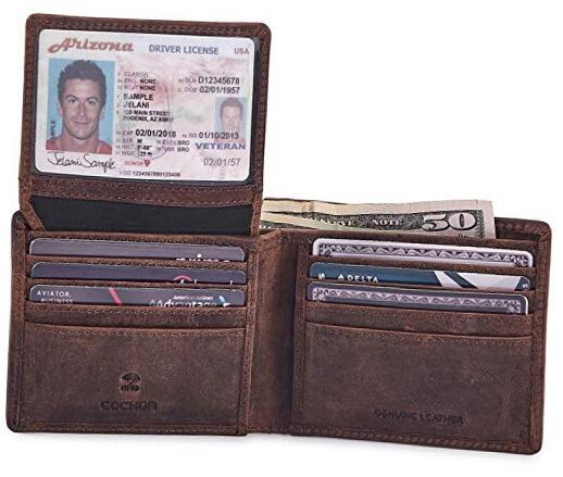 Men's RFID Blocking Leather Bifold Wallet with 2 ID Windows in Cognac