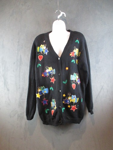 Quacker Factory Cardigan Sweater Women Medium Black Angels Holiday Embroidered - Picture 2 of 17