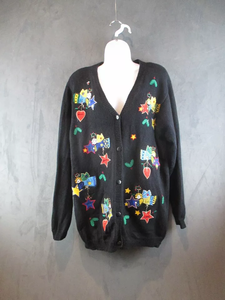 Quacker Factory Cardigan Sweater Women Medium Black Angels Holiday Embroidered  - Image 2 of 4