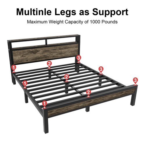 Metal Bed Frame Full/Queen/King with Storage Headboard and Charging Station/Grey - Picture 10 of 24
