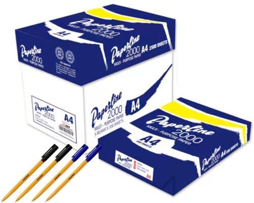 Kopierpapier Box, A4 80 GSM, 2500 Stück (Packung mit 5 Stapeln), Konvolut mit 50 Stiften - Bild 1 von 8