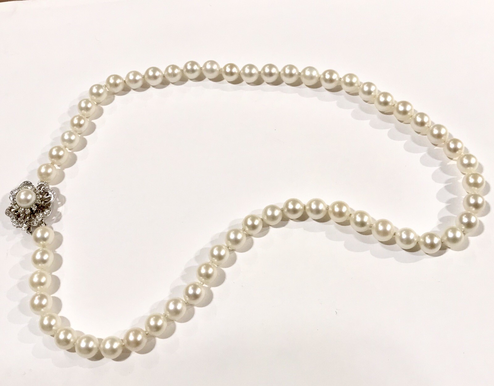 8 mm Saltwater Pearl Necklace 20 Inch 14K WG Diam… - image 3