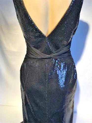 Vera Wang Womens Black Mesh Inset Sequin Gown Long dress 8 - Picture 9 of 12