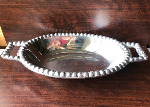 Bandeja de metal ovalada tono plata pulido borde con cuentas asas cuadradas México 11 7/8" - Imagen 2 de 11